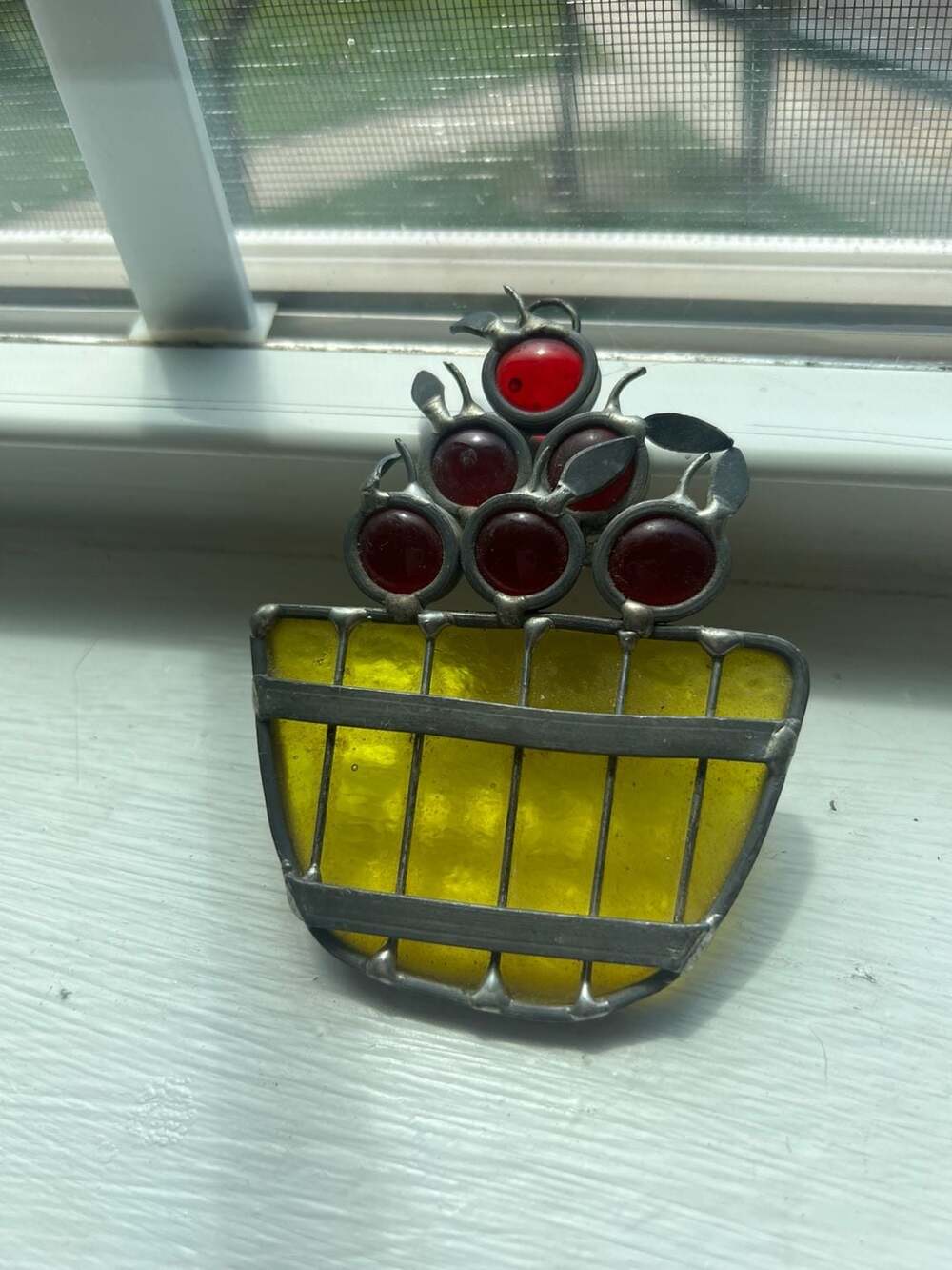Vintage Stained Glass Fruit Basket Suncatcher Cherries